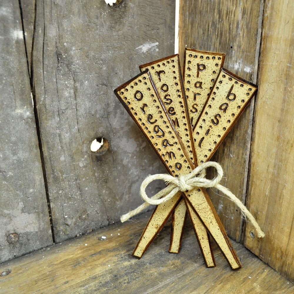 Rustic handmade ceramic HERB stakes garden markers (Set of 4)