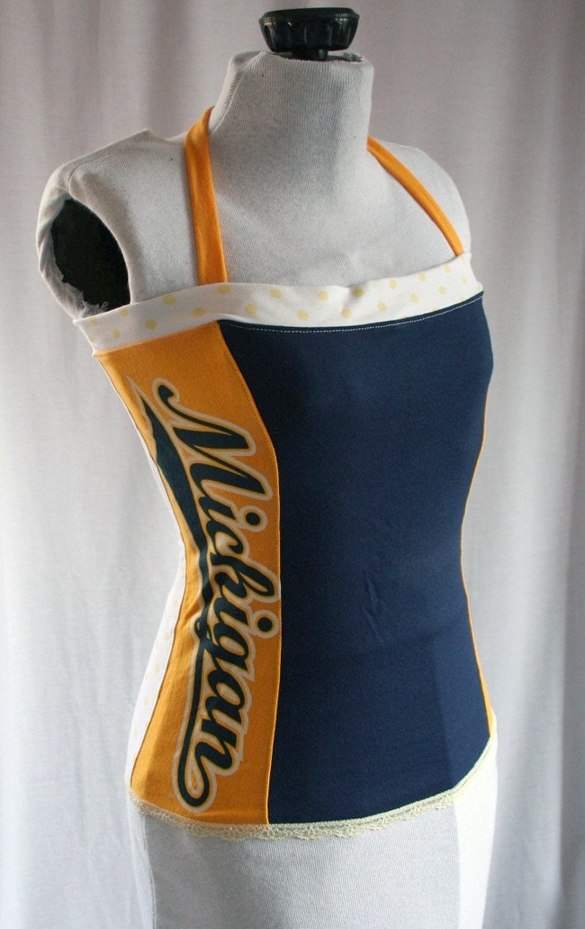 corset top made from a MICHIGAN WOLVERINES shirt
