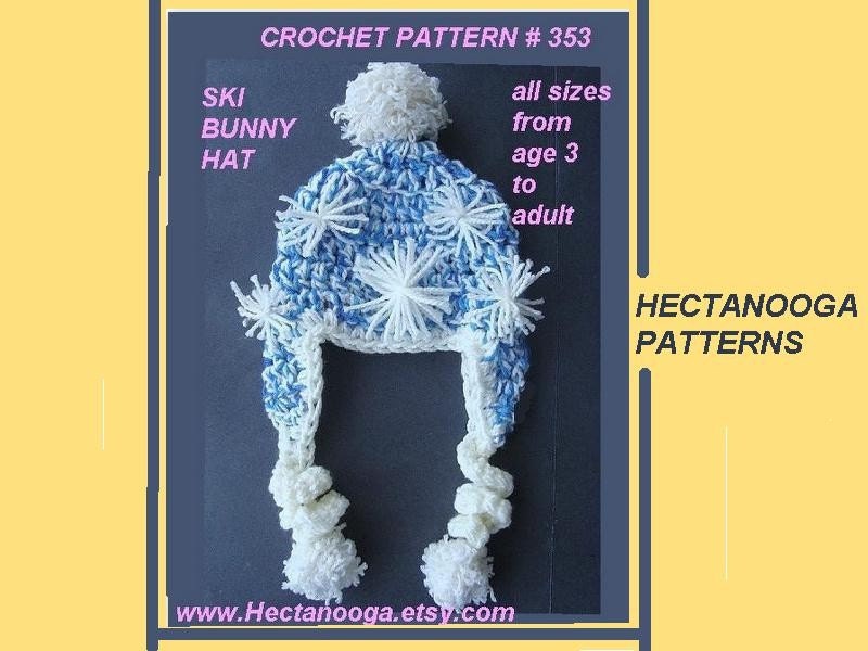Crochet Pattern hat, SKI BUNNY HAT with Curly Ties num. 353, sizes age 5 to adult.... Permission to sell  your finished hats