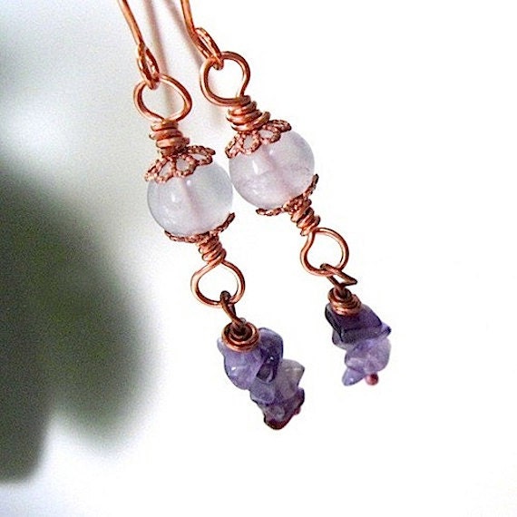 Purple Amethyst Earrings Long Boho Dangles Copper February Birthstone