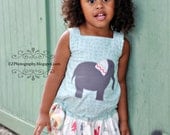 Custom Boutique Girl's Dress, Drop Waist, Elephant Applique and Zoo Animals, Size 4/5