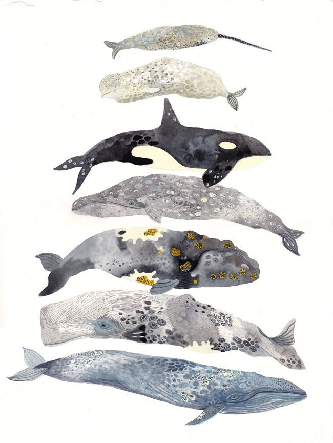 RESERVED FOR HEATHER Seven Whales Stacked -Original Watercolor Painting
