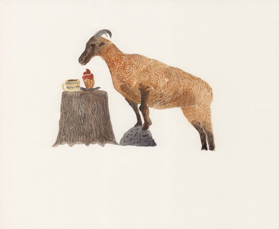Mountain Goat and Dessert  - Original watercolor painting
