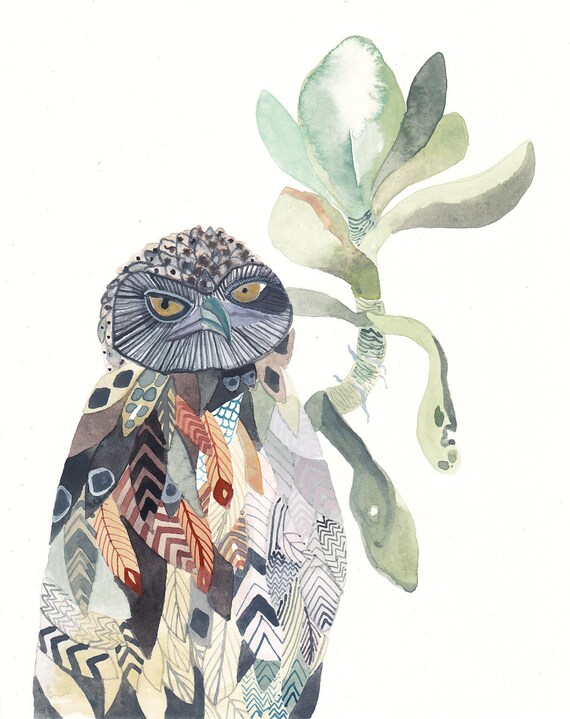 Burrowing Owl and Echeveria - Original watercolor painting