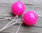 Deena - 10mm Round Hot Pink Silver Dangle Earrings - Kidney Hoop