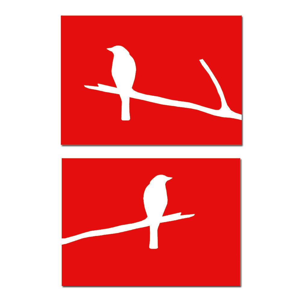 Modern Birds Duo - Set of Two 5x7 Coordinating Bird on a Branch Prints - Choose Your Colors - Shown in Red, Pale Gray, Light Blue, and More