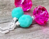 Leanna - GORGEOUS 12mm Round Hot Pink and 6mm Round Multifaceted Turquoise Czech Glass Gemstone Silver Dangle Fish Hook Earrings