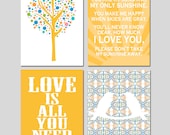 Set of Four  11x14 Nursery Prints - Love Birds, Love Is All You Need, Tree Dot, You Are My Sunshine - Choose Your Colors