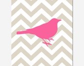 Modern Chevron Bird Silhouette Print - 11x14 Chevron Zig Zag - Choose Your Colors - Shown in Hot PInk, Yellow, Taupe, Gray, and More