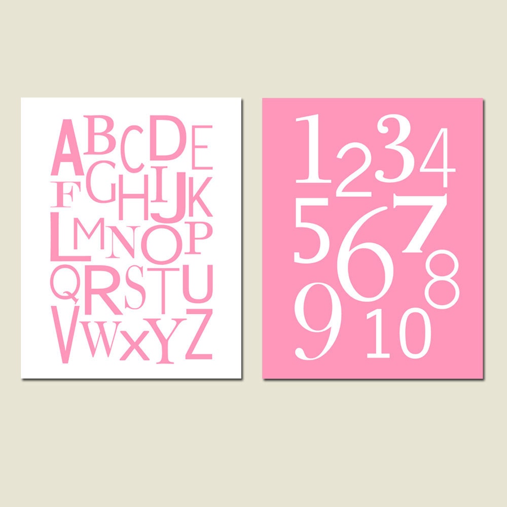 Alphabet and Numbers - Set of Two 11x14 Prints - Kids Wall Art - Nursery - Choose Your Colors - Shown in Pink, Yellow, and More