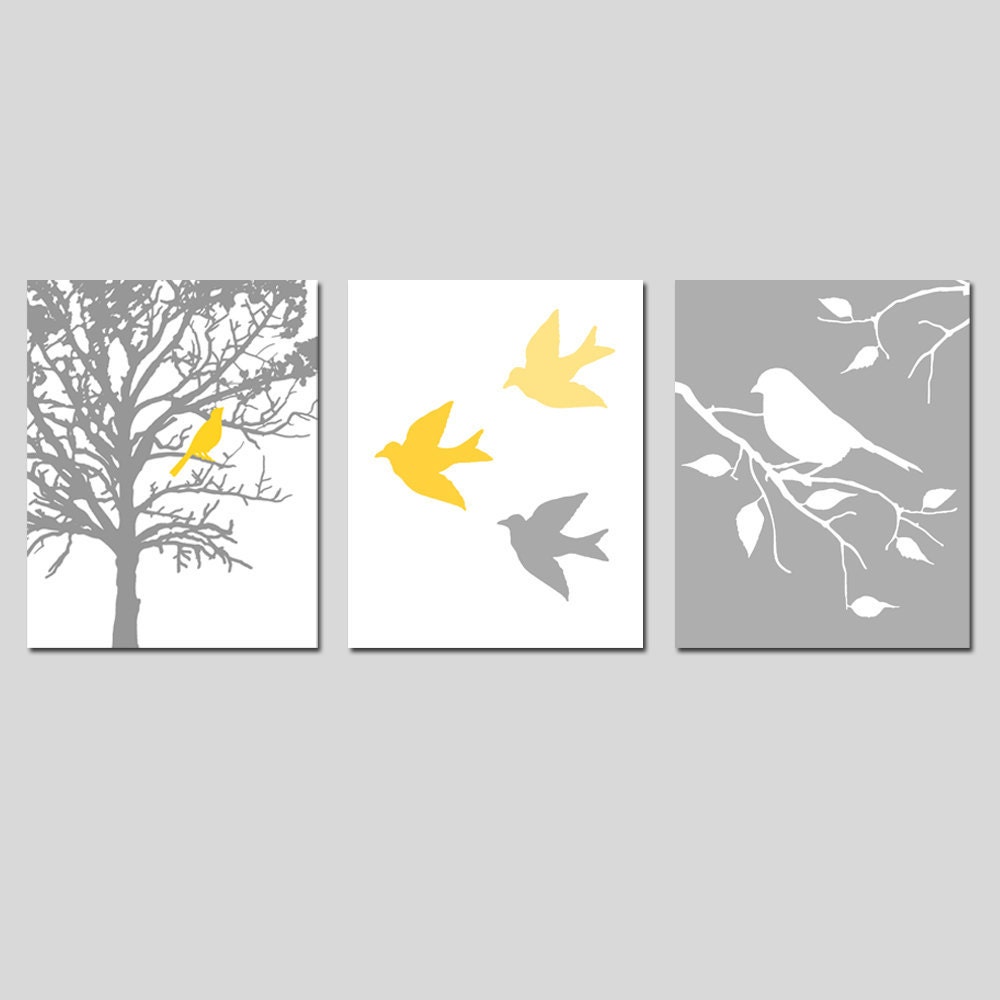 Nursery Art Prints - Modern Bird Trio - Set of Three 8x10 Prints - Birds and Trees - Choose Your Colors - Shown in Gray, Yellow, and More