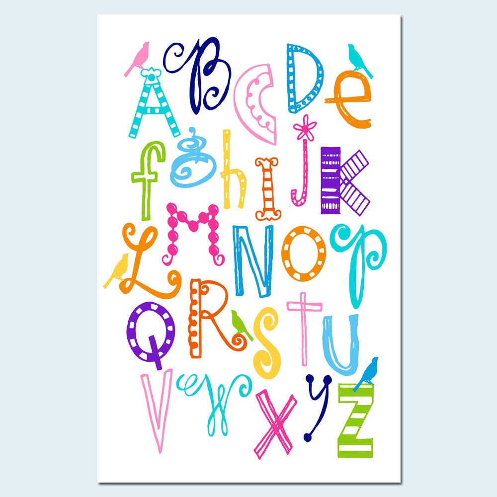 Modern Nursery - Bird Alphabet - 11x17 Print - Kids Wall Art - Choose Your Colors - Shown in Pink, Aqua, Yellow, Navy Blue, Purple, and More