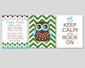 Modern Nursery Trio - Set of Three 11x14 Prints - Twinkle Twinkle Little Star, Chevron Owl, Keep Calm and Rock On - Choose Your Colors