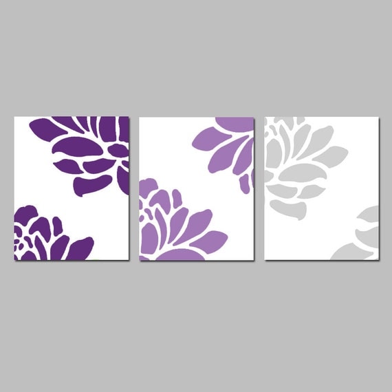 Floral Trio - Set of Three Coordinating 8x10 Prints - Choose Your Colors - Shown in Purple and Gray Medley - Modern Nursery Decor