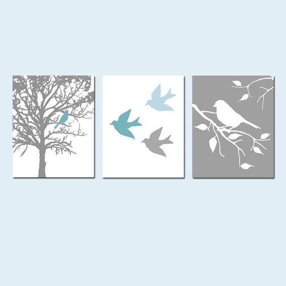 Modern Bird Trio - Set of Three 8x10 Prints - Nursery Decor - Choose Your Colors - Shown in Teal Blue, Baby Blue, White, Gray