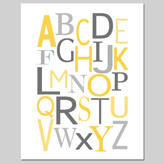 Modern Alphabet - 8x10 - Kids Wall Art for Nursery or Playroom - Choose Your Colors - Shown in Gray, Yellow, and More