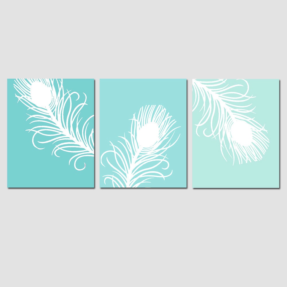 Modern Peacock Feather Trio - Set of Three 8x10 Coordinating Prints - Choose Your Colors - Shown in Aqua Green Ombre