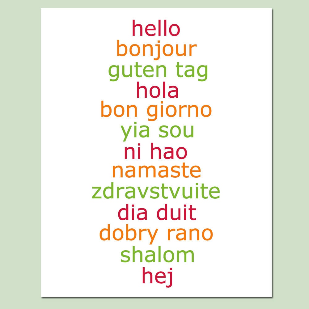 Hello - 8x10 Print - Hello in Different Languages - Choose Your Colors - Shown in Red, Orange, Apple Green