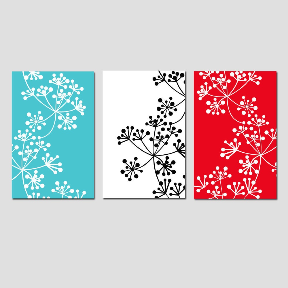 Modern Decor Botanical Trio - Set of Three 11x17 Coordinating Floral Prints - Choose Your Colors - Shown in Black, White, Red, Turquoise