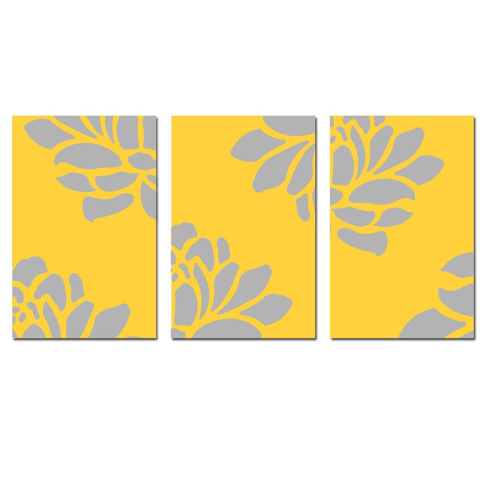 Floral Trio - Set of Three 13x19 Prints - Modern Floral Wall Art - Choose Your Colors - Shown in Yellow, Gray, White