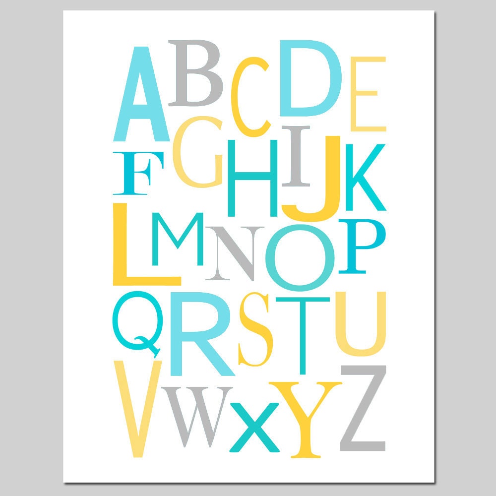 Modern Alphabet - 8x10 - Kids Wall Art for Nursery or Playroom - Choose Your Colors - Shown in Gray, Yellow, and More