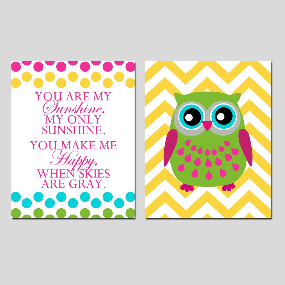 Set of Two 11x14 Prints - You Are My Sunshine Polka Dot and Chevron Owl - Kids Wall Art for Nursery - Choose Your Colors