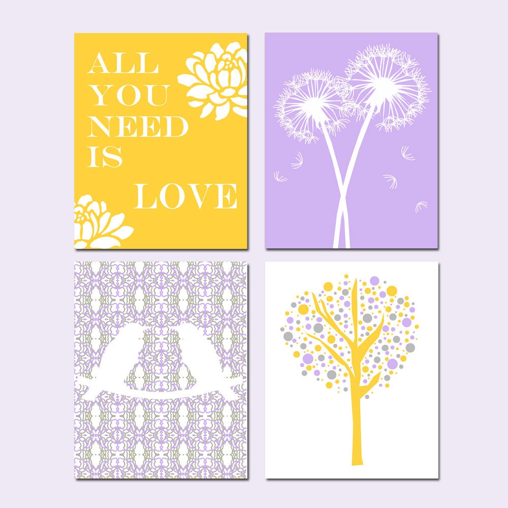 Nursery Quad - Set of Four 11x14 Prints - Love Birds, All You Need Is Love, Tree Dot, Dandelion Floral - Purple, Yellow, Gray