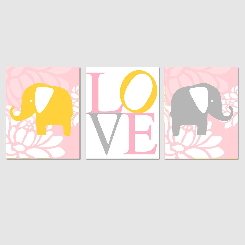 Modern Elephant Love Trio - Set of Three 8x10 Nursery Prints - Choose Your Colors - Shown in Soft Pink, Gray, Yellow, White