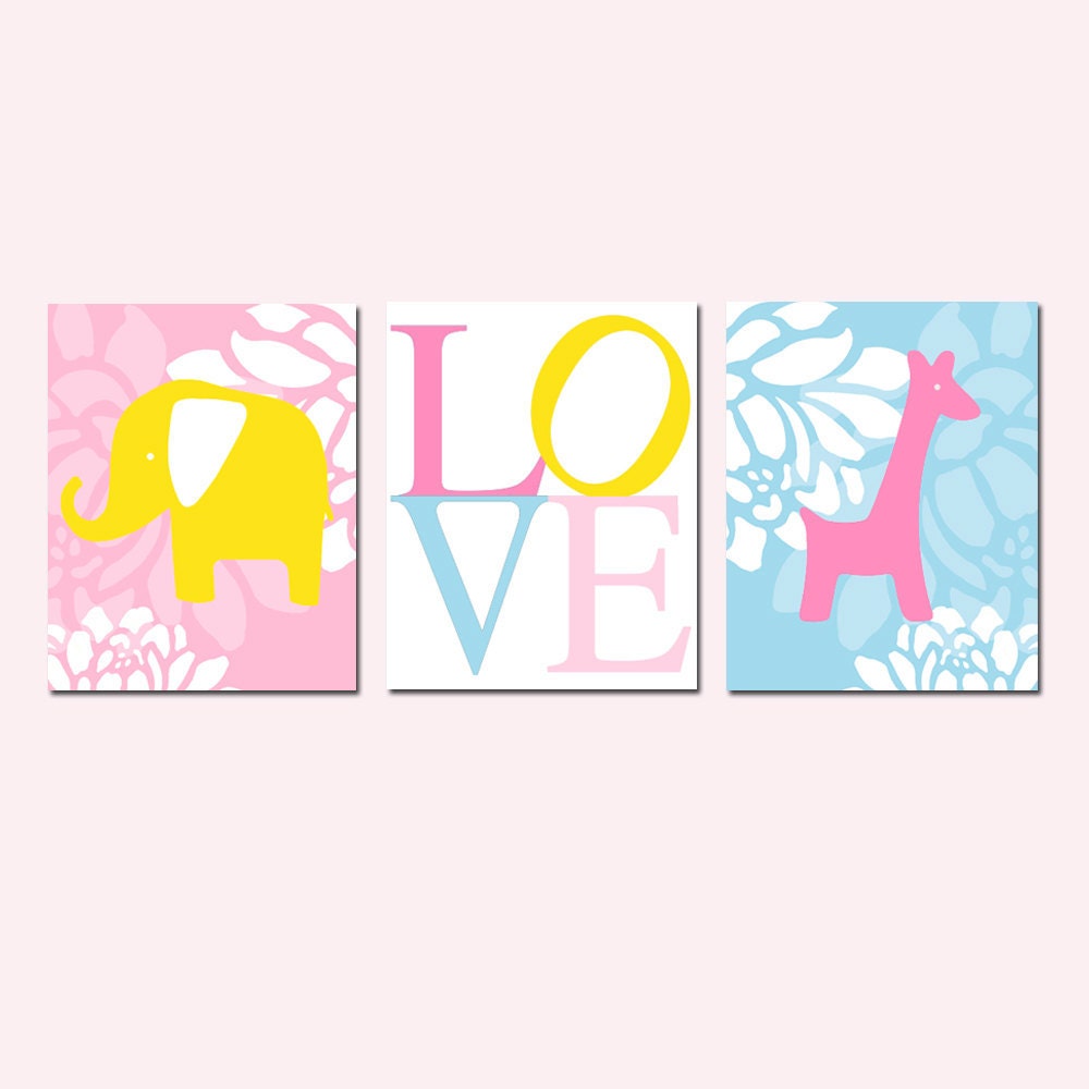Modern Elephant Giraffe Love Trio - Set of Three 8x10 Nursery Prints - Floral, Elephant, LOVE, Giraffe - Choose Your Colors