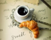 Breakfast in Paris Coffee and Croissant Hair Bobby Pins. Handmade Miniature Polymer Clay Food Accessories.