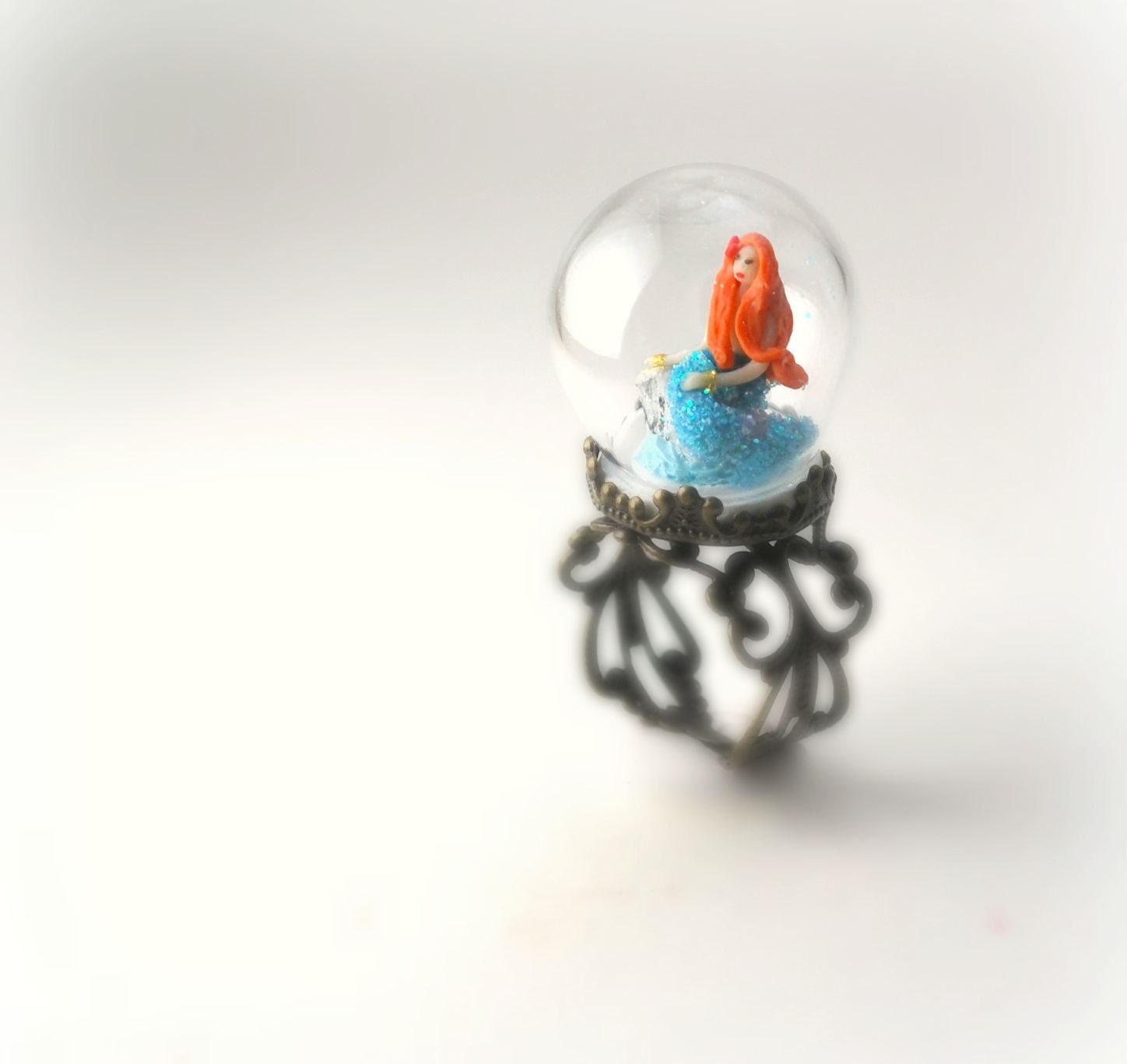 Enchanting Mermaid Ring. Handmade Miniature Polymer Clay Jewelry. Fantasy One of a Kind Snow Globe in a Pyrex Glass.