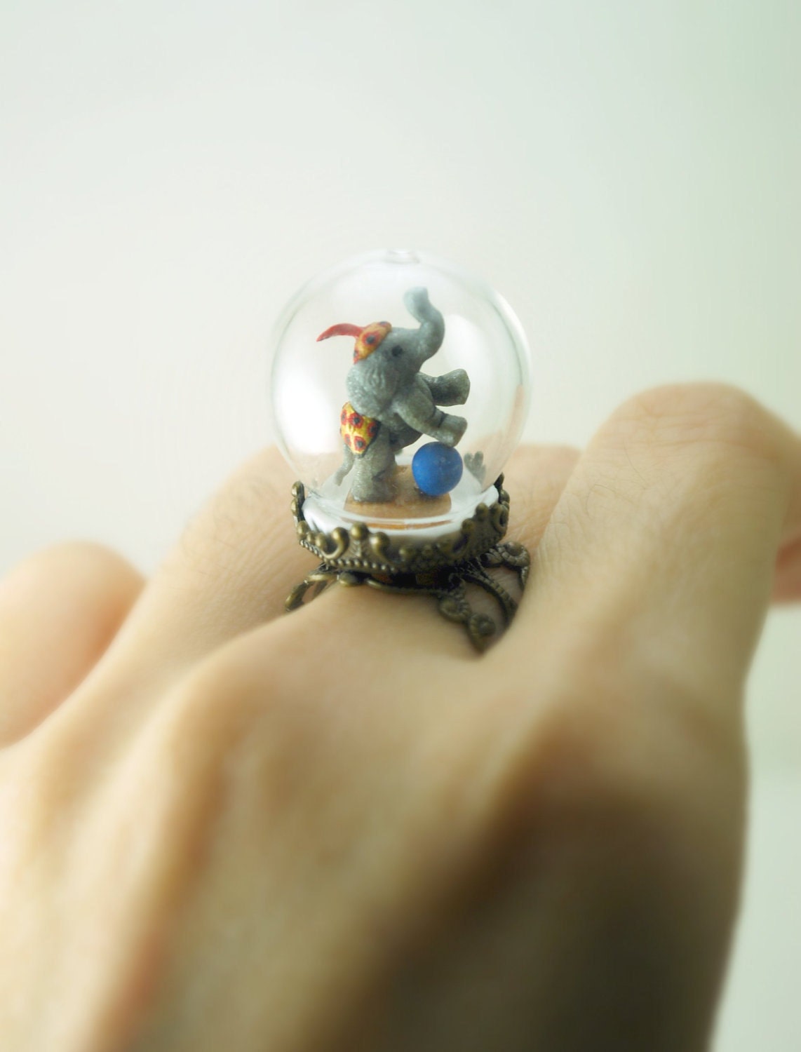 One of a Kind Elephant Ring in Pyrex Glass Dome. Handmade Miniature Polymer Clay Jewelry. Dainty Animal Diorama. Glass Dome Ring.