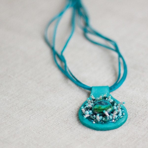 SALE: 30 % off - Handmade Leather Necklace / Pendant with Natural Stone - Sea Reminiscences OOAK  - Gift under 50 USD