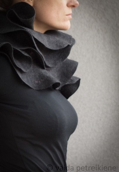 Nuno felted ruffle shawl / wavy scarf Elegance in charcoal grey Unique wearable wool silk fiber art Eco Fashion Made to order
