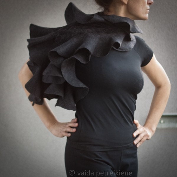 Nuno felted ruffle shawl / wavy scarf Elegance in charcoal grey Unique wearable wool silk fiber art Eco Fashion Made to order