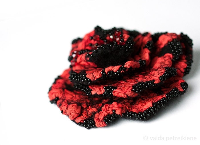 Bright deep scarlet red and jet black hand felted flower brooch Ready to ship now Gift under 50 USD