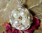 Birds Nest Necklace - Wire Wrapped - Sterling Silver -Freshwater Pearl Eggs - Four Eggs