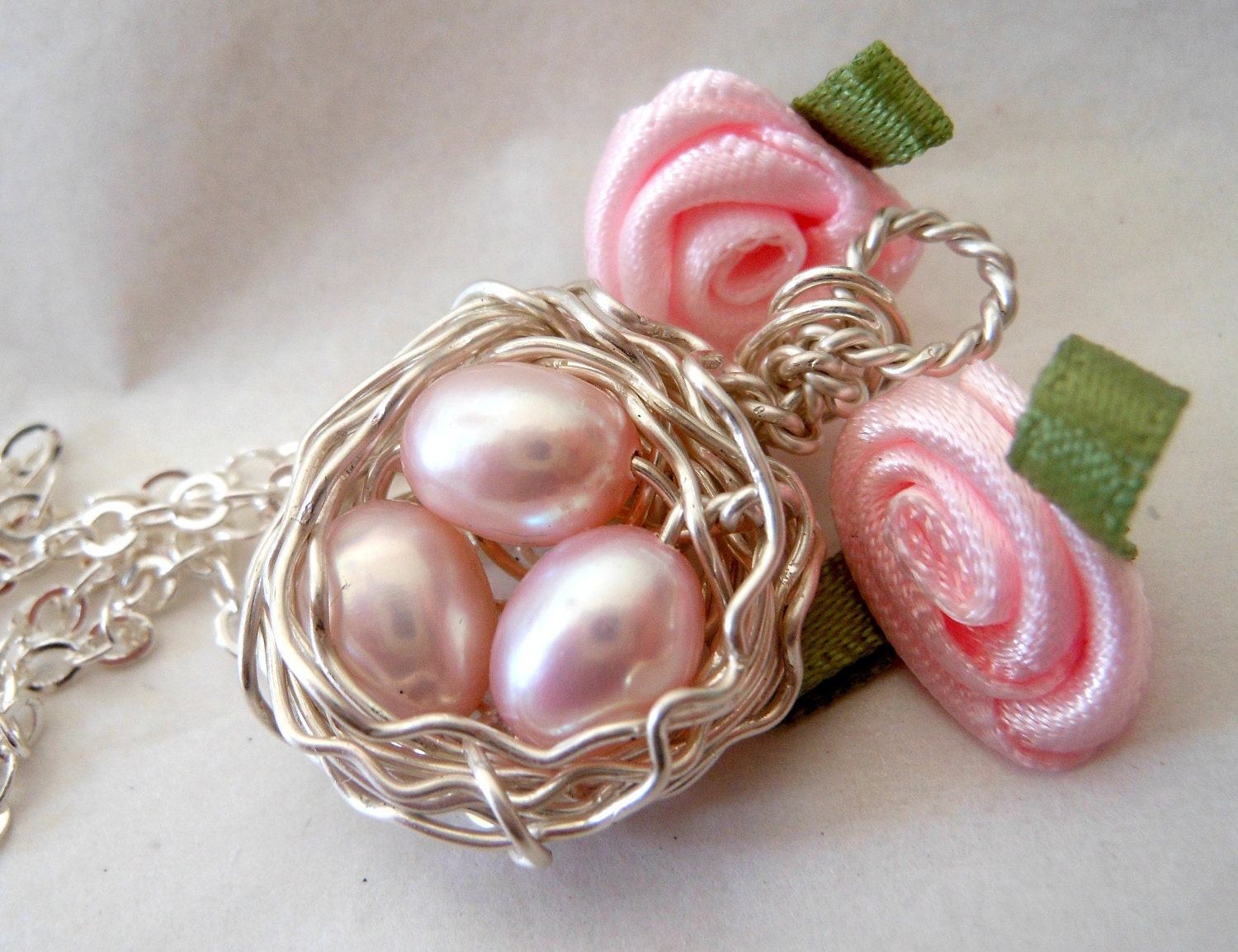 Birds Nest Necklace Wire Wrapped Pink Freshwater Pearls 3 Eggs Sterling Silver