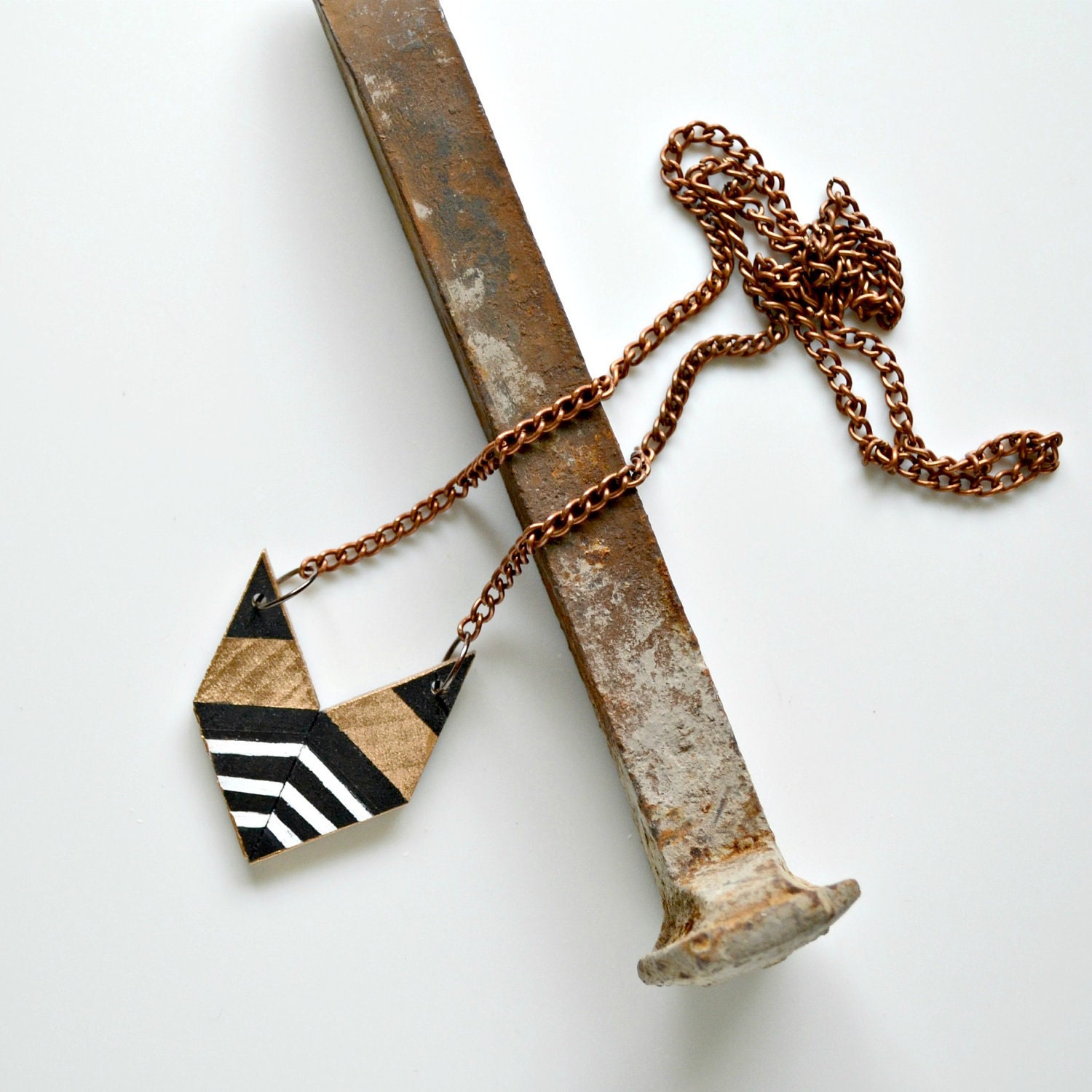 Yuchi Zebra Arrowhead Chevron Geometric Tribal Necklace in Black, Metallic Gold, and White