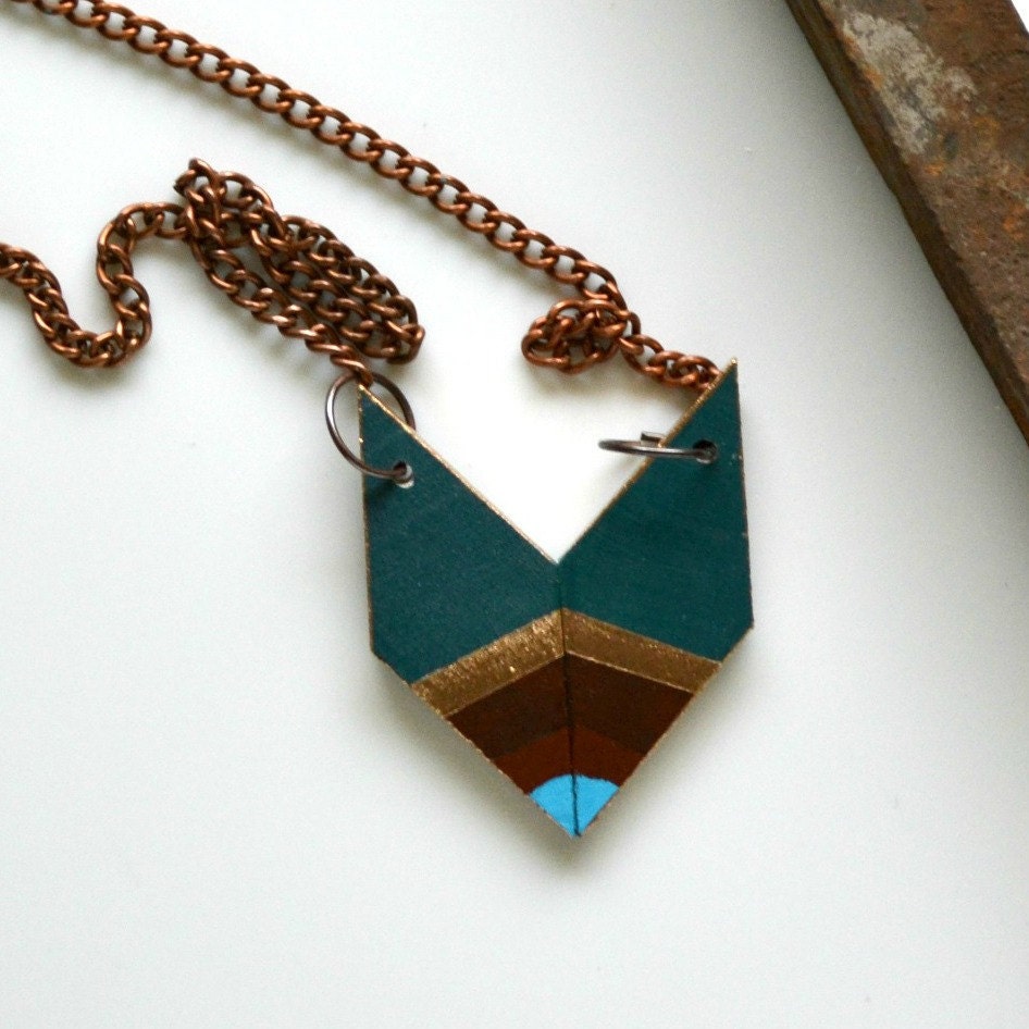 Yuchi  Fossil Inspired Arrowhead Chevron Geometric Tribal Necklace in Forest Blue-Green, Metallic Gold, Chocolate Brown and Turquoise