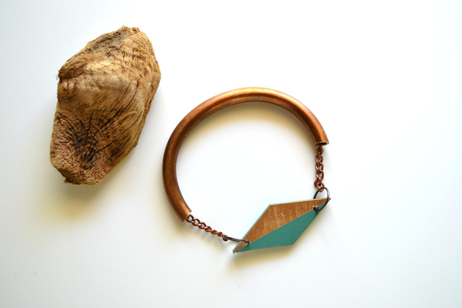 Yuchi  Diamond Geometric Tribal Bracelet in Moss Green and Gold Color Block with Brass Tube