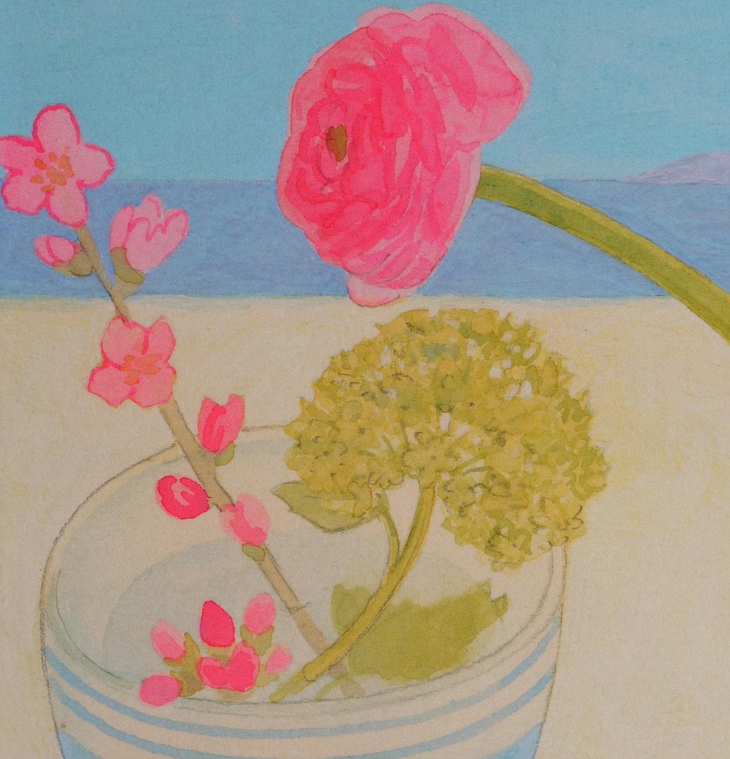 Limited edition Giclee print, titled 'Pink Ranunculus in a Blue Jug'