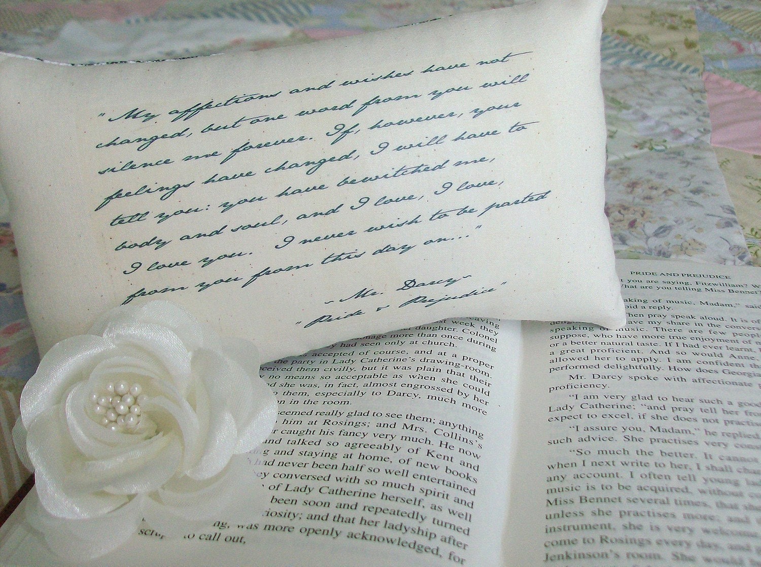 Jane Austen-Pride and Prejudice-Mr Darcy's Declaration-Quotation Miniature Pillow-Light Blue Toile