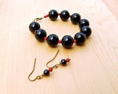 Black Bracelet and Earrings Set - black stone, red coral