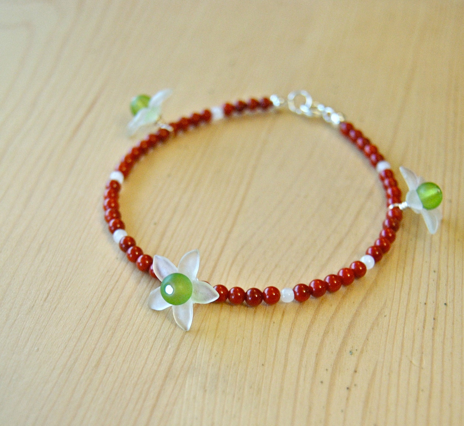 Red Coral Bracelet - white and green flowers