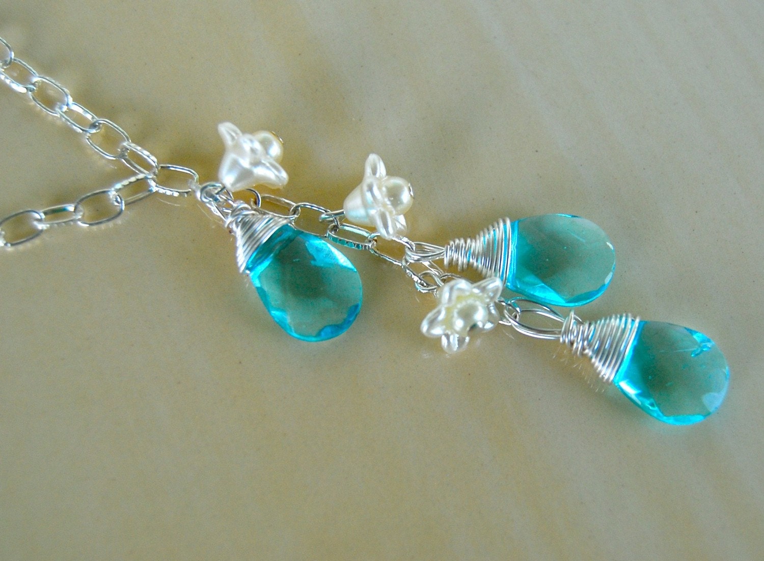 Aqua Cascade Necklace - crystal, silver, flowers