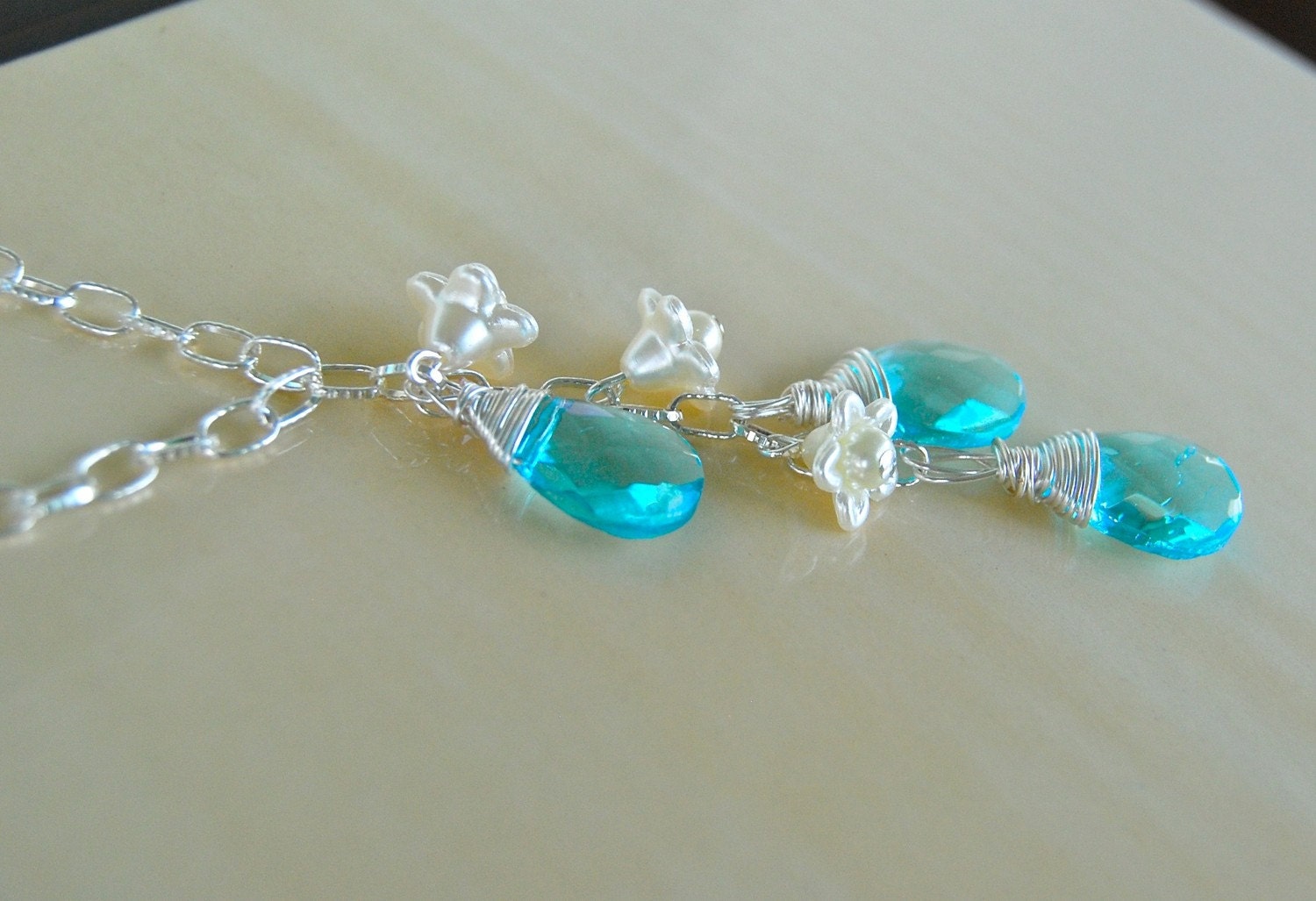 Aqua Cascade Necklace - crystal, silver, flowers