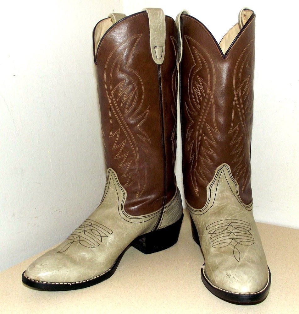 Vintage Bronco brand Cowboy Boots -- two tone brown and dull grey -- Vegan friendly