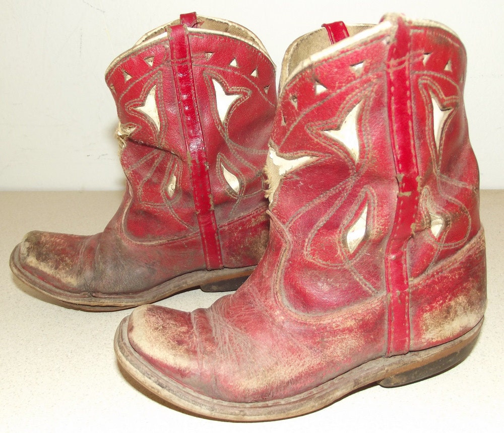 Antique Red Child size Cowboy Boots with white inlay bull design -- Great western theme decor