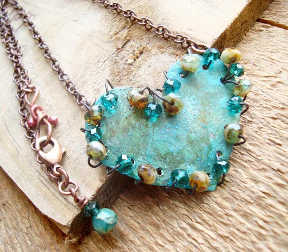Teal patina wire wrapped heart necklace